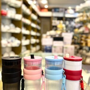 Elegant Ribbed Tumbler Cup with Straw & Carry Strap